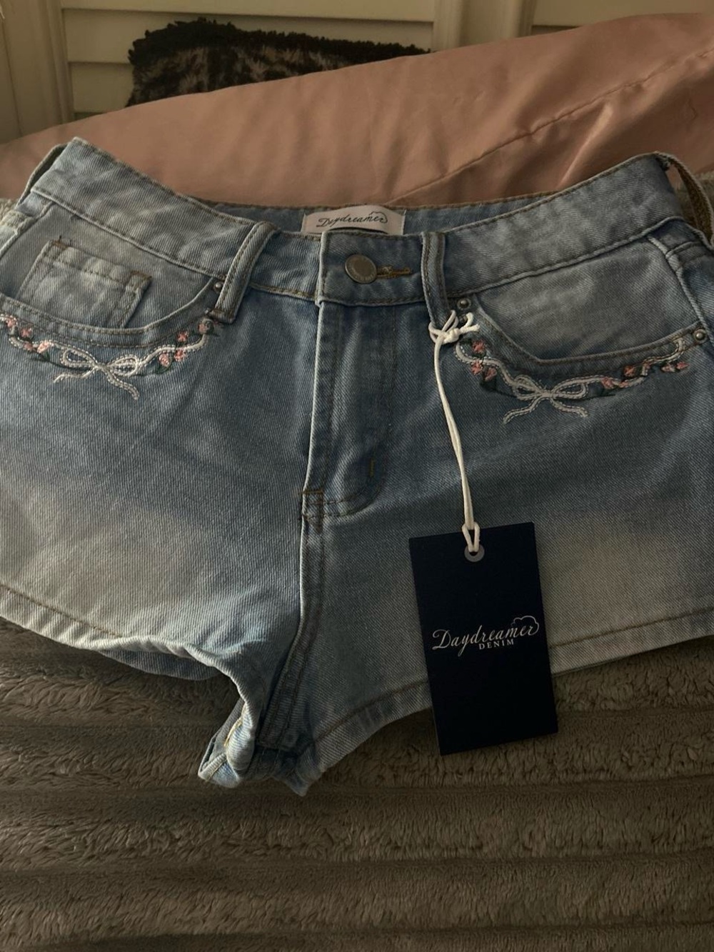 Daydreamer Light Blue Embroidered Denim Cutoff Shorts